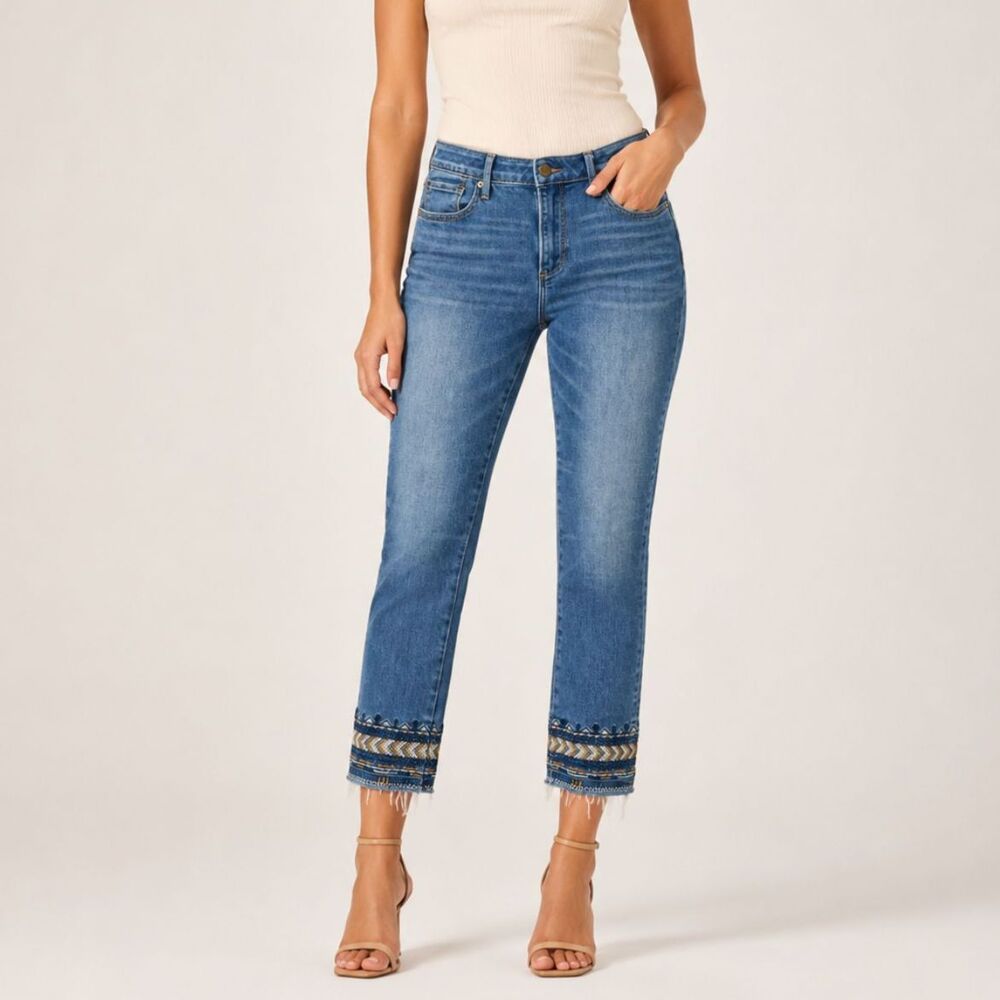 Driftwood Colette Crop Jeans Women’s 28 Straight Leg Aztec Embroidered Cuff